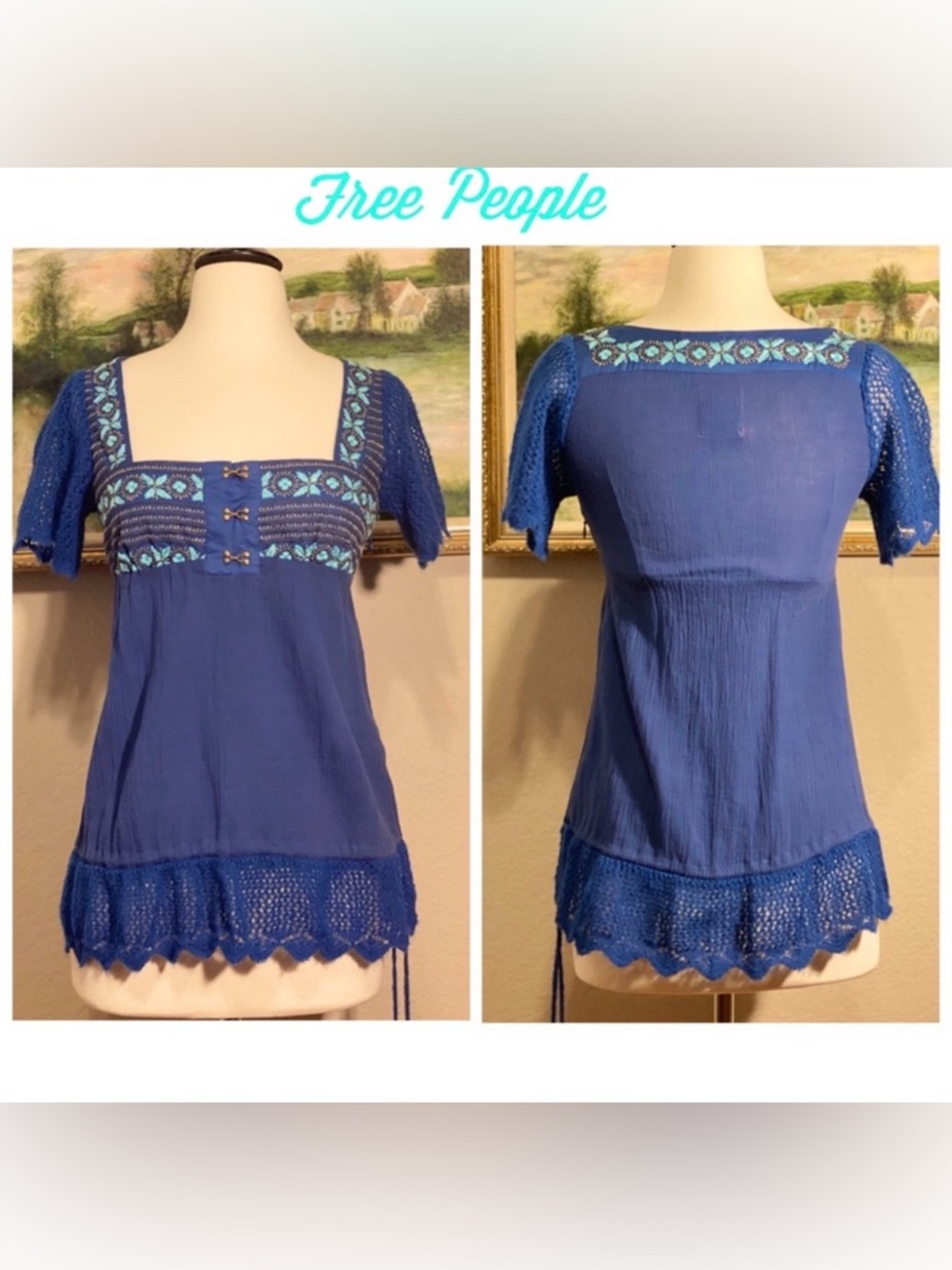 Free People Boho Embroidered Top with Crocheted Sleeves and Edge of Top New
